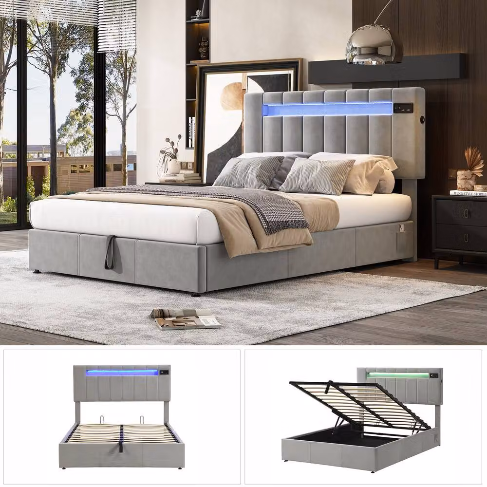 BTM Grey Velvet Bed with Bluetooth, 7-Colour LED Lighting, USB Charging Port and Hydraulic Lift-Up Base, W/D/H: 135 x 190 x 43.5 cm – 5