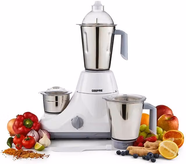 Geepas 750W Electric Mixer Grinder and Kitchen Blender with 3 Stainless Steel Jars, White