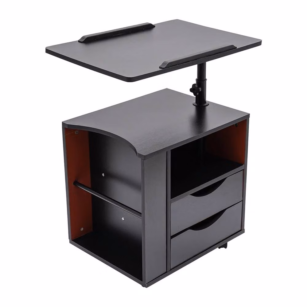 Nordara Adjustable Rotating Bedside Table with Wheels and 2 Drawers in Black – 3