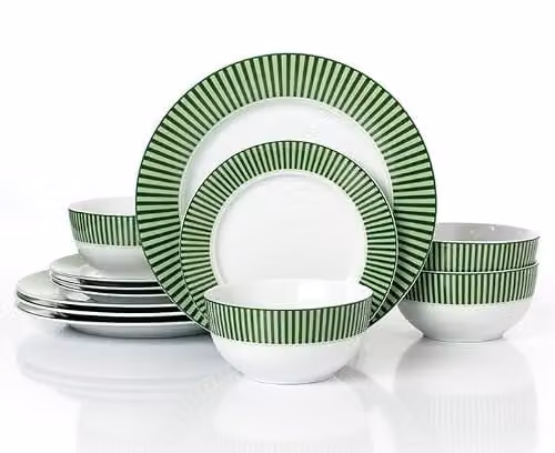 Waterside 12-Piece Green and White Striped Porcelain Dinner Set including 4 Dinner Plates, Side Plates and Deep Bowls – 1