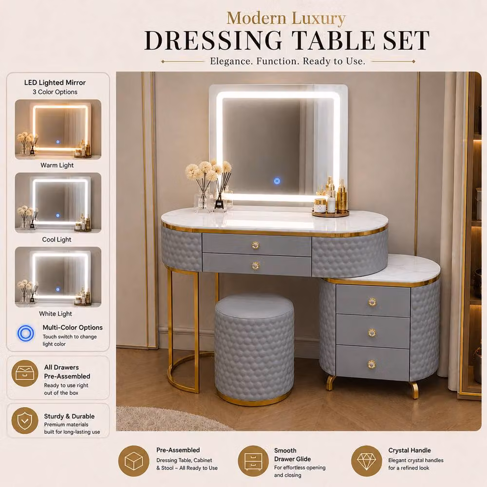 MN Furniture Modern Luxury Grey Dressing Table with LED Mirror, Stool and Cabinet, Width: 130 cm – 3