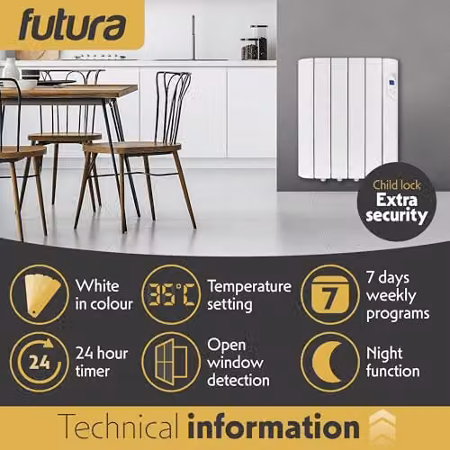 Futura 600W White Wall Mounted Oil Filled Radiator with 24/7 Timer and Frost Protection – 3