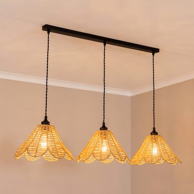 ValueLights Vine Rattan Flower 3 Drop Bar Pendant Ceiling Light with LED Bulbs, Black
