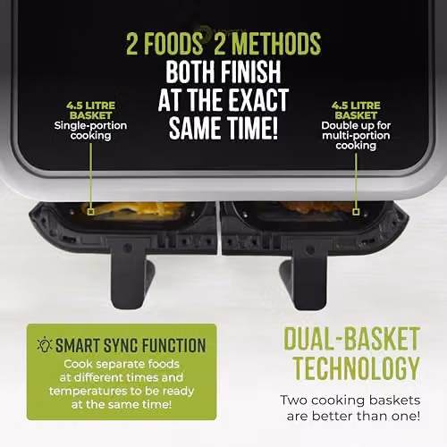 Tower Vortx Vizion 9L Dual Basket Air Fryer with Digital Control Panel, 8 Cooking Pre-sets, Sync and Match Cook Functions, 2400W, Black, T17177, W/D/H: 42 x 40 x 29.6 cm – 3