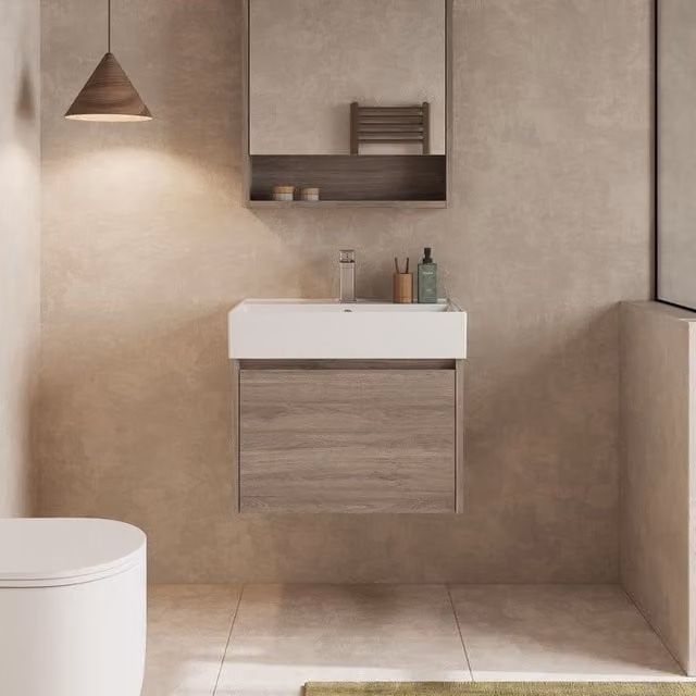 Banyetti Mino 600mm Wall Hung Vanity Unit with Veneto 1TH Basin, Nebraska Oak in Brown