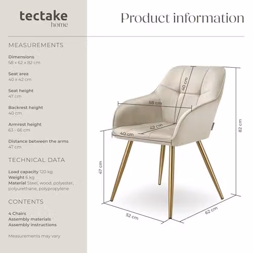 tectake Marilyn Set of 4 Dining Chairs with Velvet Fabric and Gold Metal Legs in Cream/Gold – 3