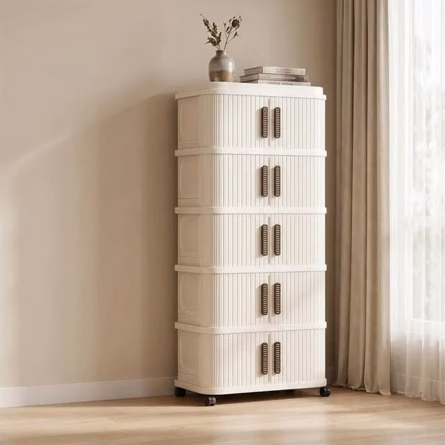 PAWNORA Large 5 Tier Foldable and Stackable Storage Box in Beige, W: 49 cm, D: 29 cm, H: 112 cm