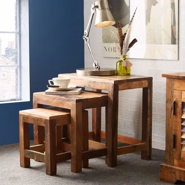IH Design Modern Nest of 3 Wood Tables in Brown and Multicolour