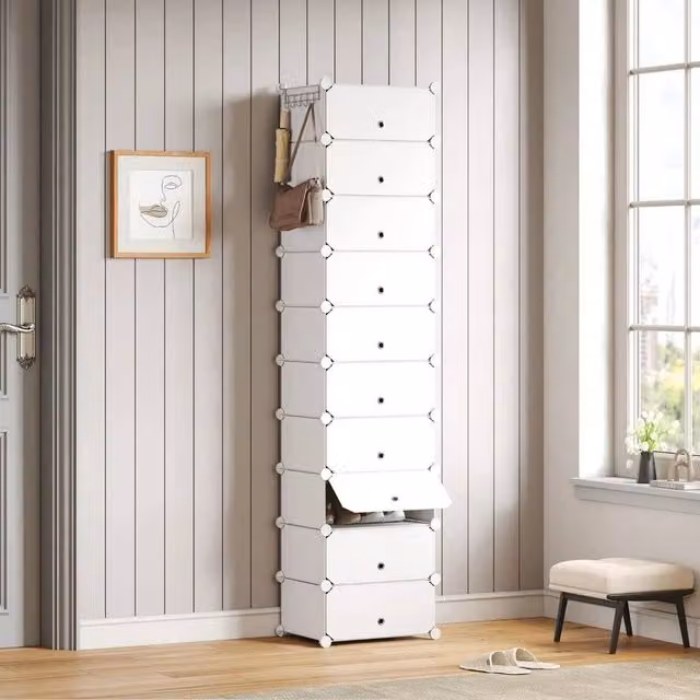 KORVIXA White Plastic 10-Tier Portable Shoe Cabinet with Hinged Doors, H 173 cm x W 100 cm x D 40 cm – 1