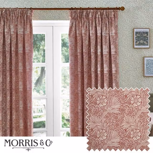 Morris & Co. Marigold Jacquard Floral Pencil Pleat Curtains, Russet, Width: 168 cm, Drop: 229 cm