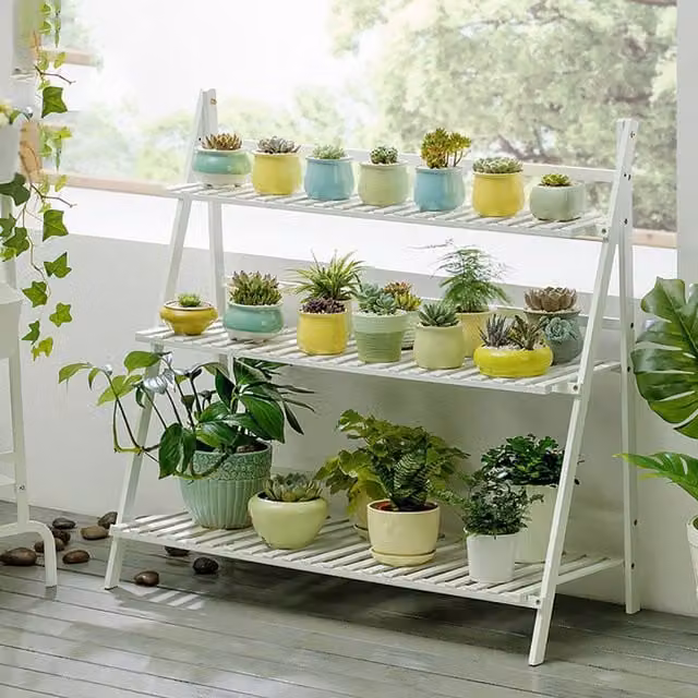 Livingandhome White Foldable Ladder Plant Stand and Shoe Rack