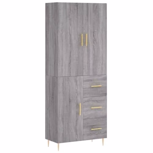 vidaXL Modern Grey Sonoma Highboard with Internal Shelves and Drawers, W/D/H: 69.5 x 34 x 180 cm