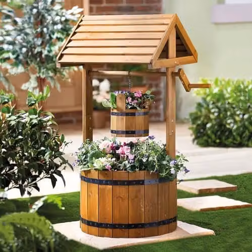 Gainsborough Wooden Wishing Well Planter with Faux Crank, Bucket and Liner in Brown, Height: 83 cm – 1