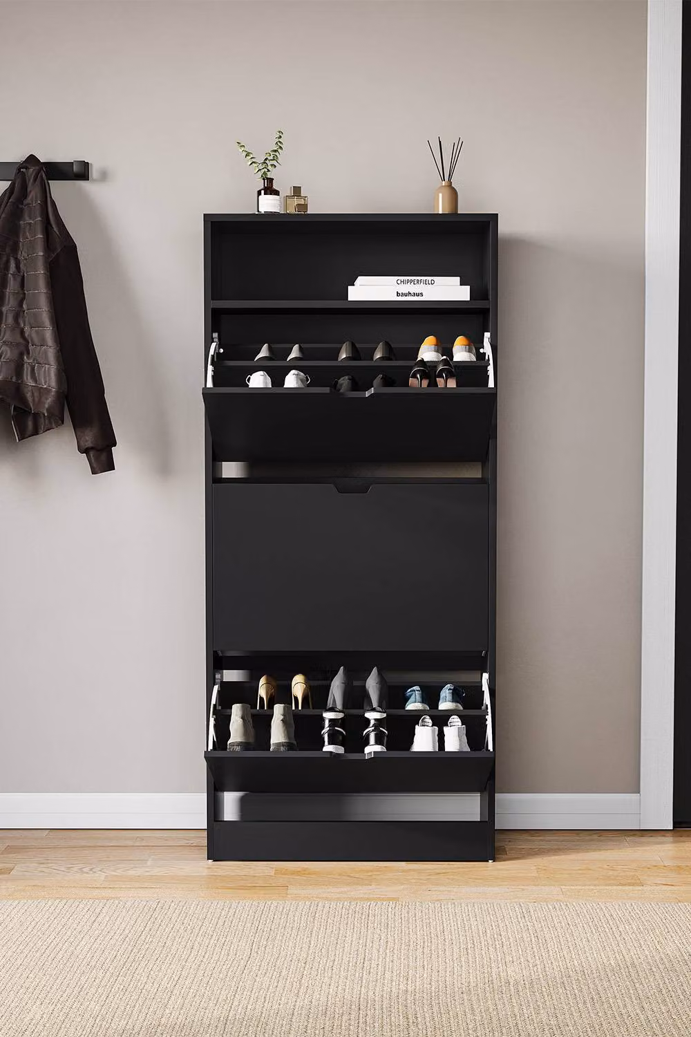 HD Designs Modern Black Matt Freestanding Shoe Cabinet with Tilting Compartments and Open Shelving – 6