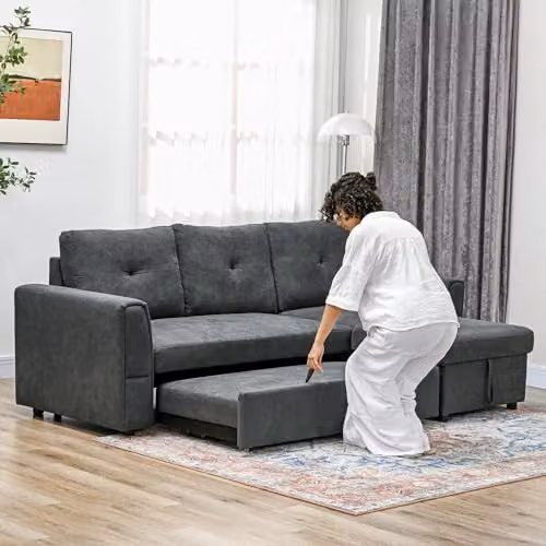 HOMCOM L-Shaped 3 Seater Pull Out Sofa Bed with Storage in Grey – 7