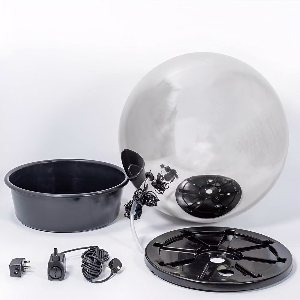 Primrose Modern Round Stainless Steel Water Feature Fountain in Silver with LED Lights – 7