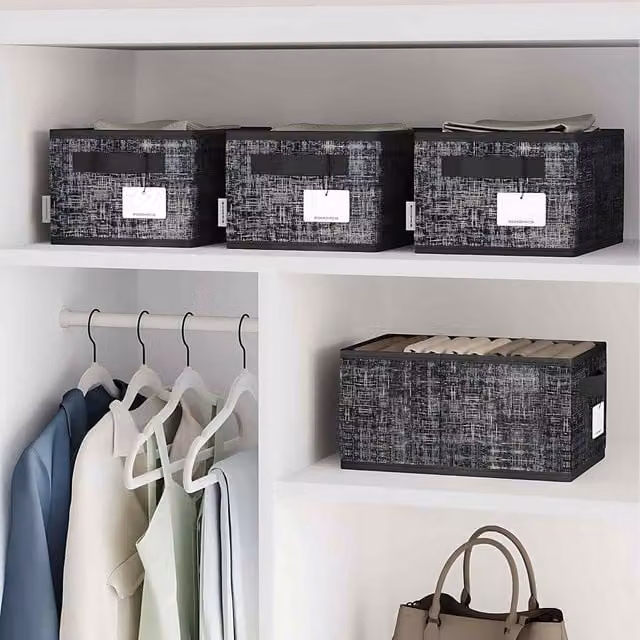 The Bazaarist Set of 3 Foldable Fabric Storage Baskets with Handles and Label Holders, Ink Black, W/D/H: 20 x 15 x 9 cm