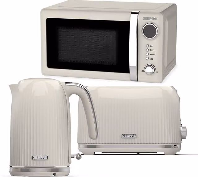 Geepas Fluted Kitchen Set with 1.7L Kettle, Toaster and 20L Digital Microwave in Beige