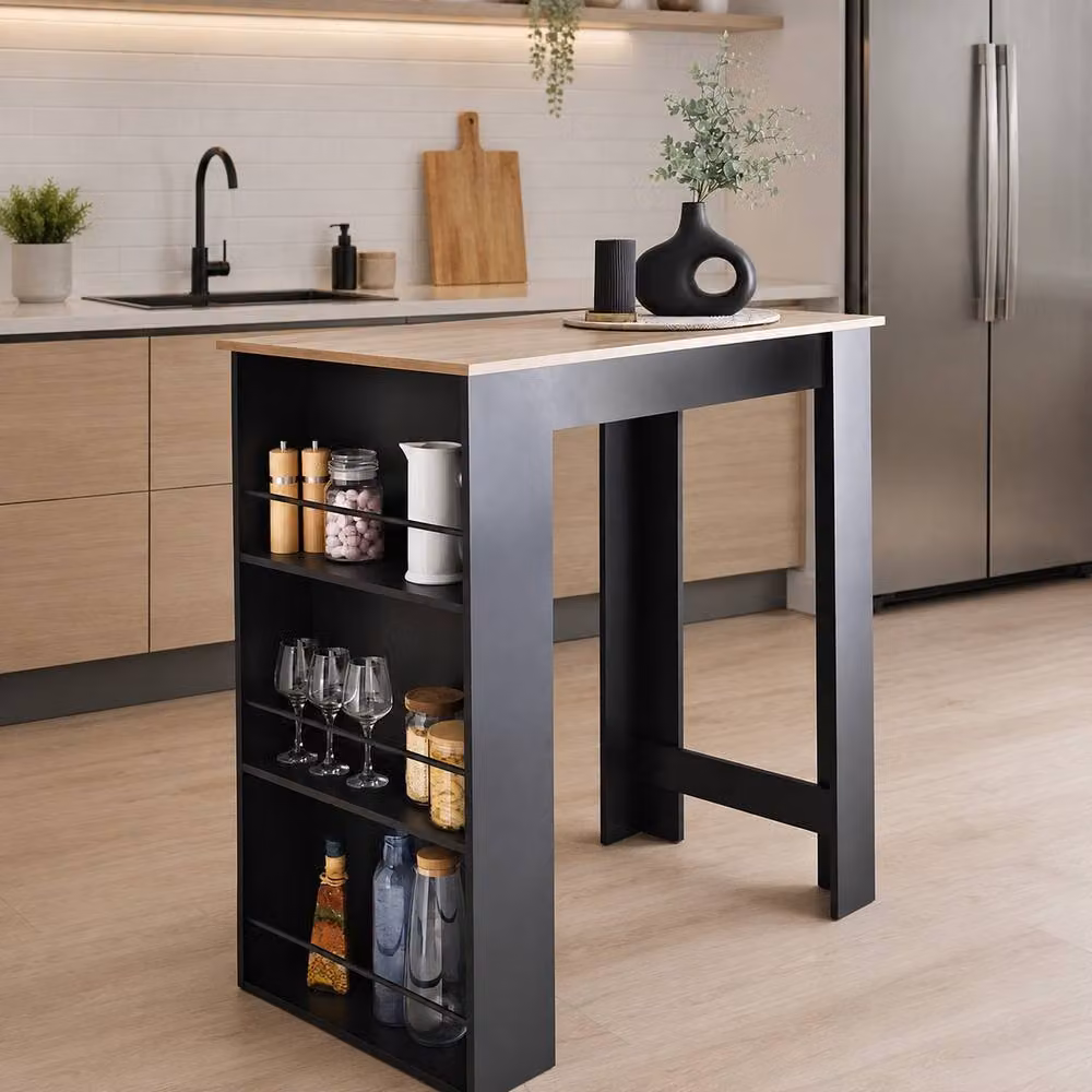 SPOT ON DEALZ Black Kitchen Island Bar Table with Wine Rack and Storage Shelves, H 105 cm x W 100 cm x D 60 cm – 2