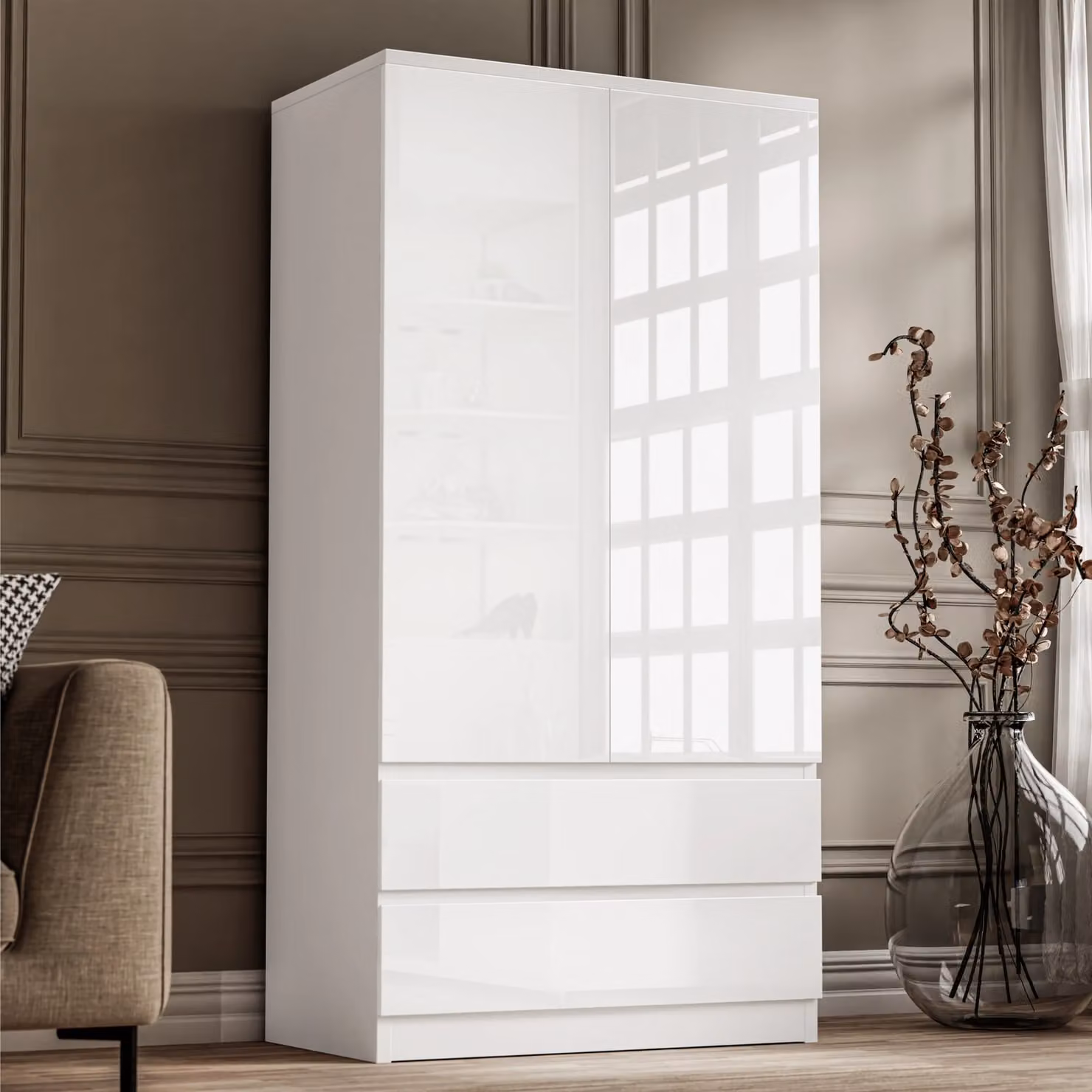 DHS High Gloss 2 Door Wardrobe with Drawers and Hanging Rail in White, Grey or Black, H 182.5 x W 80 x D 50 cm