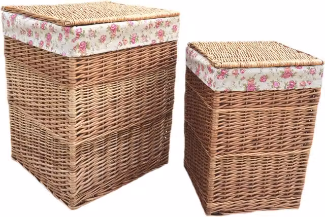 Set of 2 Red Wicker Laundry Baskets with Cotton Lined Removable Bags and Handles
