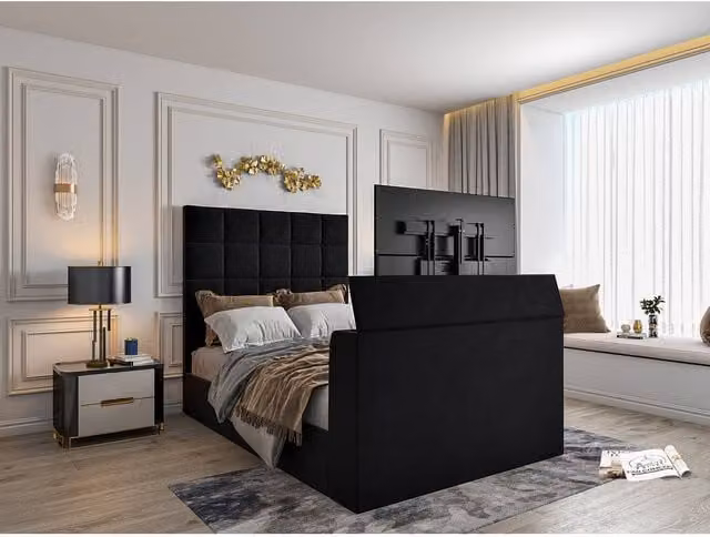 KDMD Luther Upholstered Velvet TV Bed Frame in Black, Single (W: 90 cm, L: 200 cm) – 1