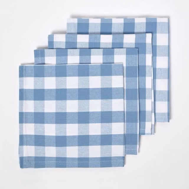 Homescapes Blue Checked Cotton Gingham Napkins, Set of 4