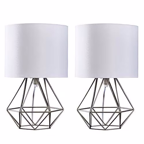 MiniSun Set of 2 Modern Brushed Chrome Metal Basket Cage Bedside Table Lamps with White Fabric Shades – 1