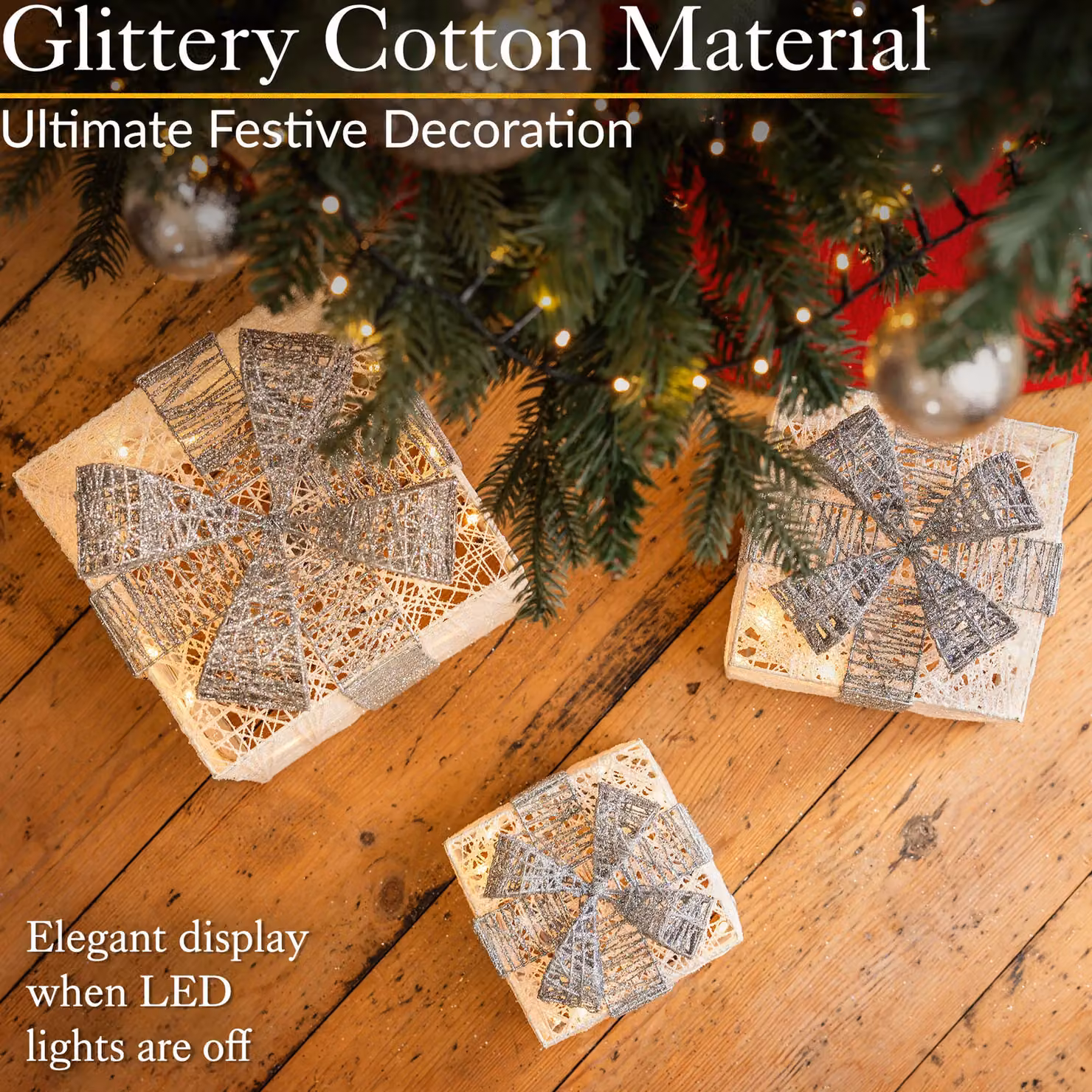 Christow Set of 3 White LED Light Up Christmas Present Parcels with Timer, Battery Operated Tabletop Decoration – 2