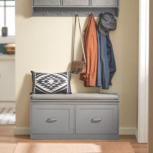 SoBuy Entrance Bench Shoe Rack with Lift-Up Seat and Dual Drawers in Vintage Grey – 1