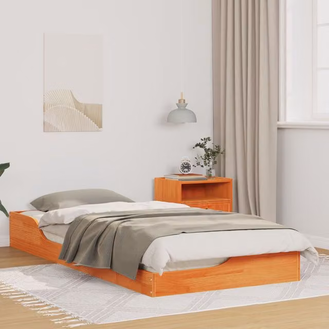 Berkfield Home Floor Bed Frame with Drawer in Brown, Solid Pine Wood, W/D/H: 80 x 200 cm