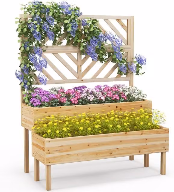 Costway 2-Tier Wooden Raised Garden Bed with Trellis in Brown or Sand