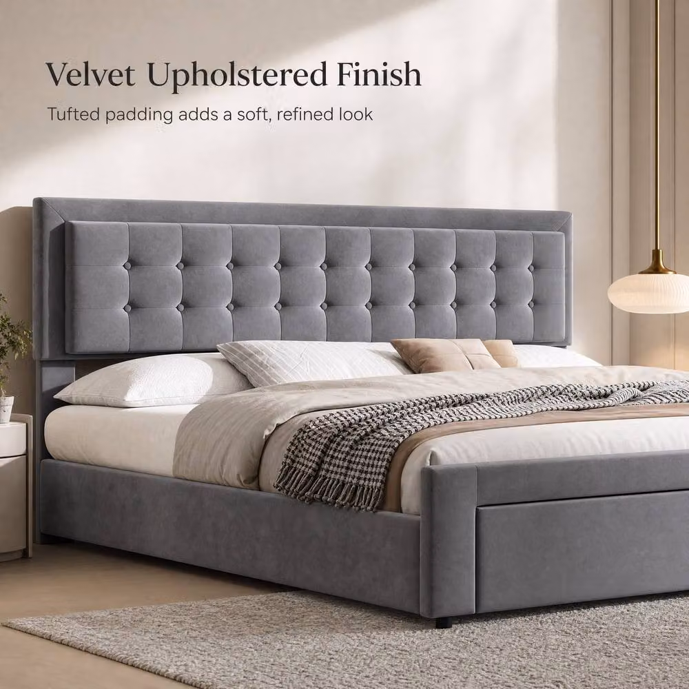 STILVORA Modern Upholstered King Size Bed with Storage in Grey Velvet, W/D/H: 150 x 200 cm – 4