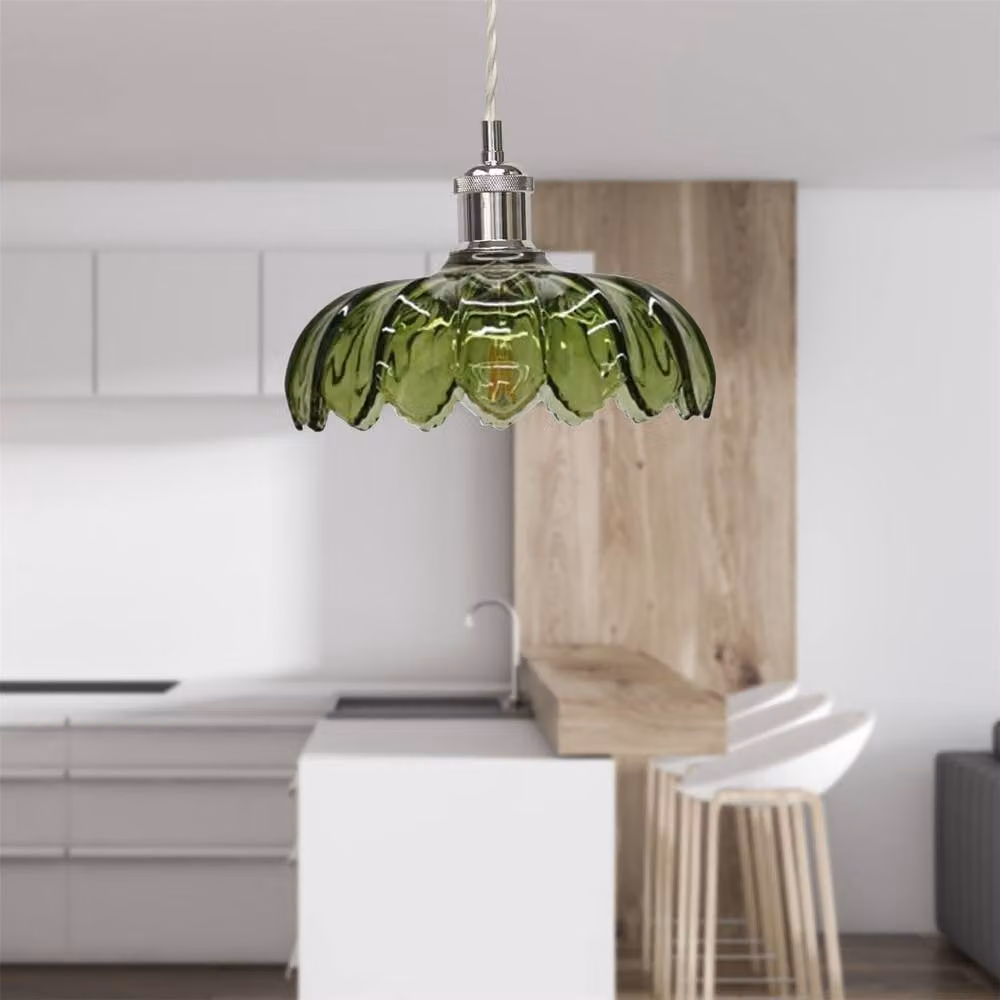 First Choice Lighting Alice Green Leaf Design Glass Pendant Shade with Chrome Flex Set – 3