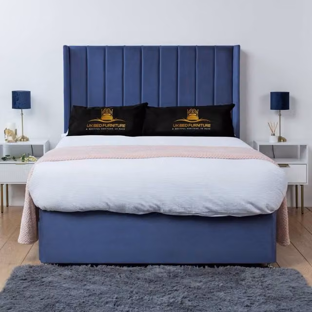 UK Bed Furniture Bella Wingback Divan Bed Base with 54 Inch Headboard in Blue Velvet, Double, W/D/H: 140 x 200 cm