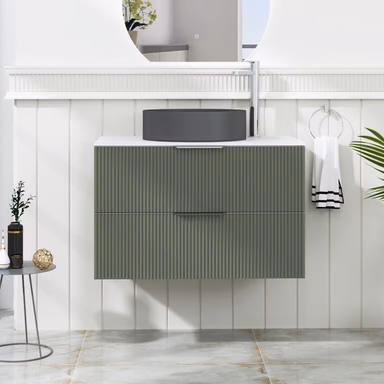 Royal Bathrooms Evora 800mm Sage Green Fluted Wall Hung Vanity Unit with 2 Drawers and Art Round Basin