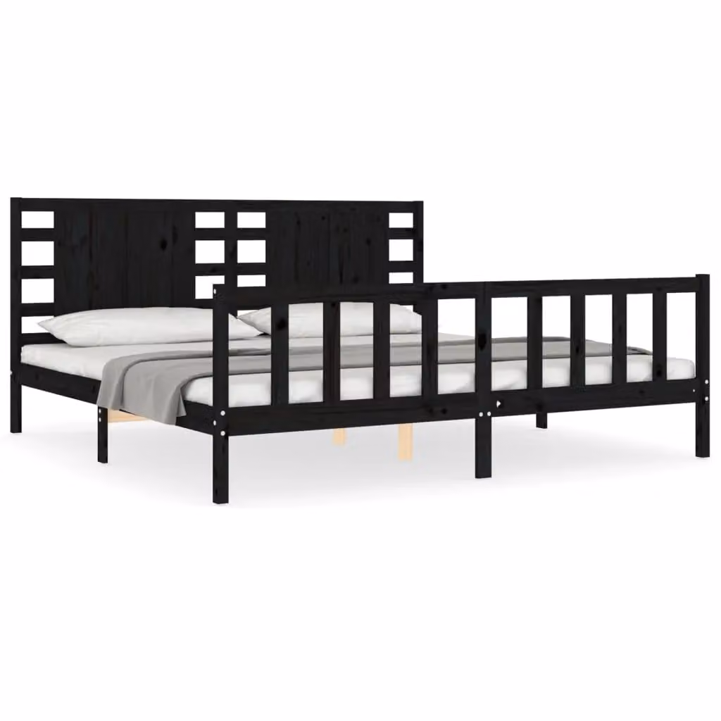 Berkfield Home Black Solid Pine Wood Bed Frame with Headboard 200 x 200 cm – 2