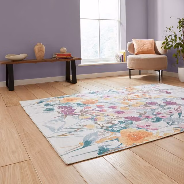 Catherine Lansfield Country Floral Rectangular Flat Weave Rug in Yellow and Multicolour