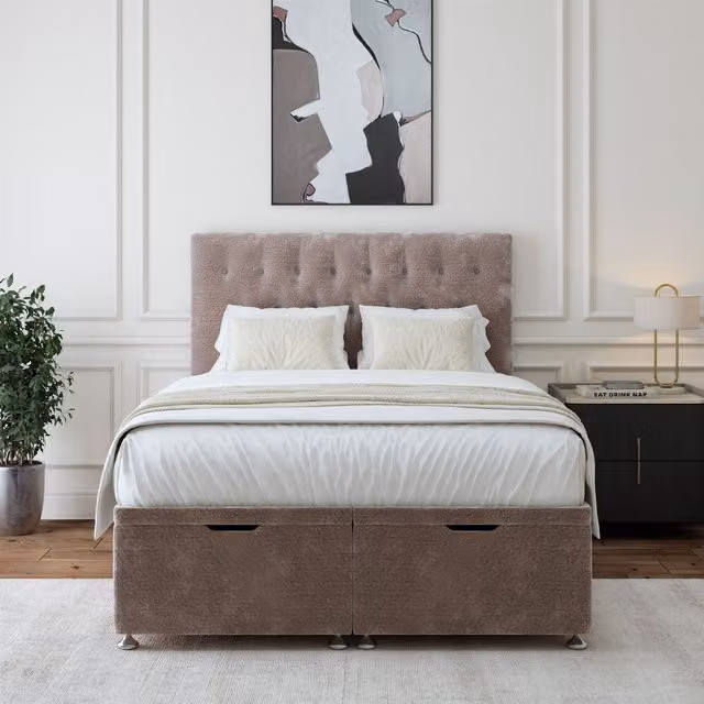 Bedmaster Silver Chenille Upholstered Ottoman Divan Base and Button Headboard, W/D/H: 180 x 200 cm