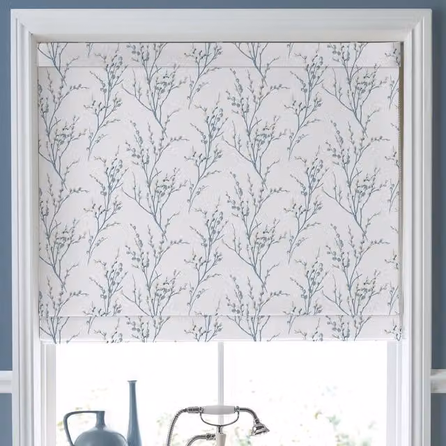 Laura Ashley Pussy Willow Made To Measure Blackout Roman Blind in Off White and Seaspray