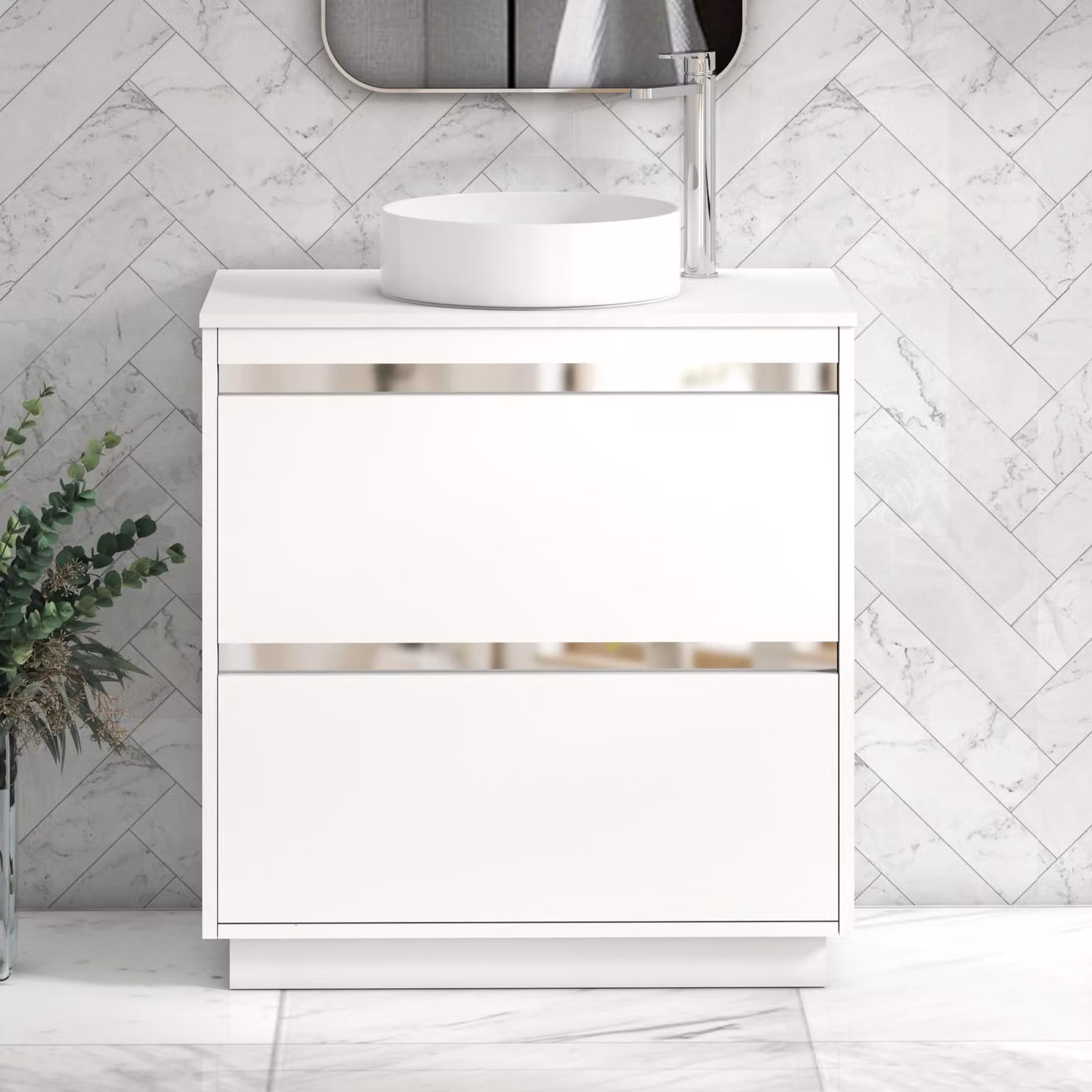 Royal Bathrooms Orion 800mm Matt White Floor Standing 2 Drawer Vanity Unit with Art Basin and Chrome Accent Trim