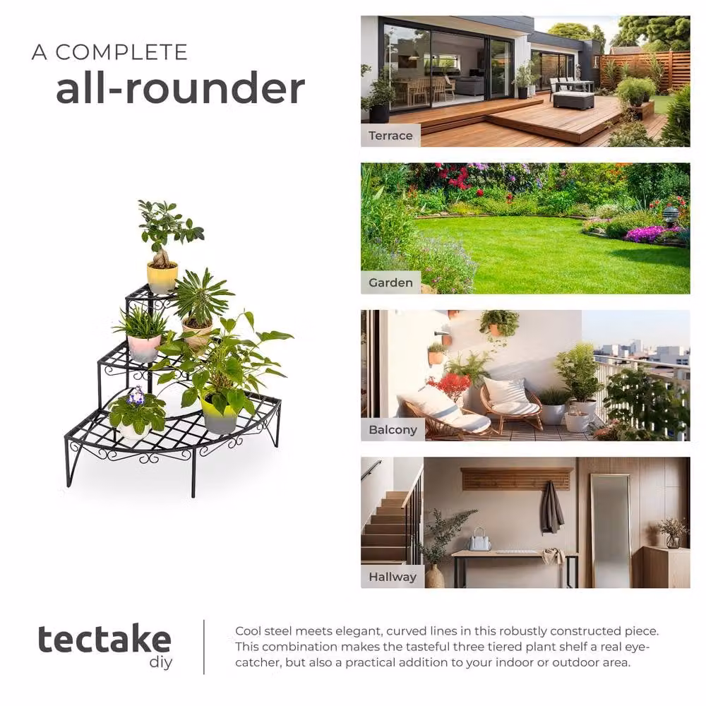 tectake Aileen 3-Tier Corner Plant Stand in Matt Black Metal with Fan-Shaped Design, W/D/H: 60.0 x 60.0 x 60.0 cm – 4