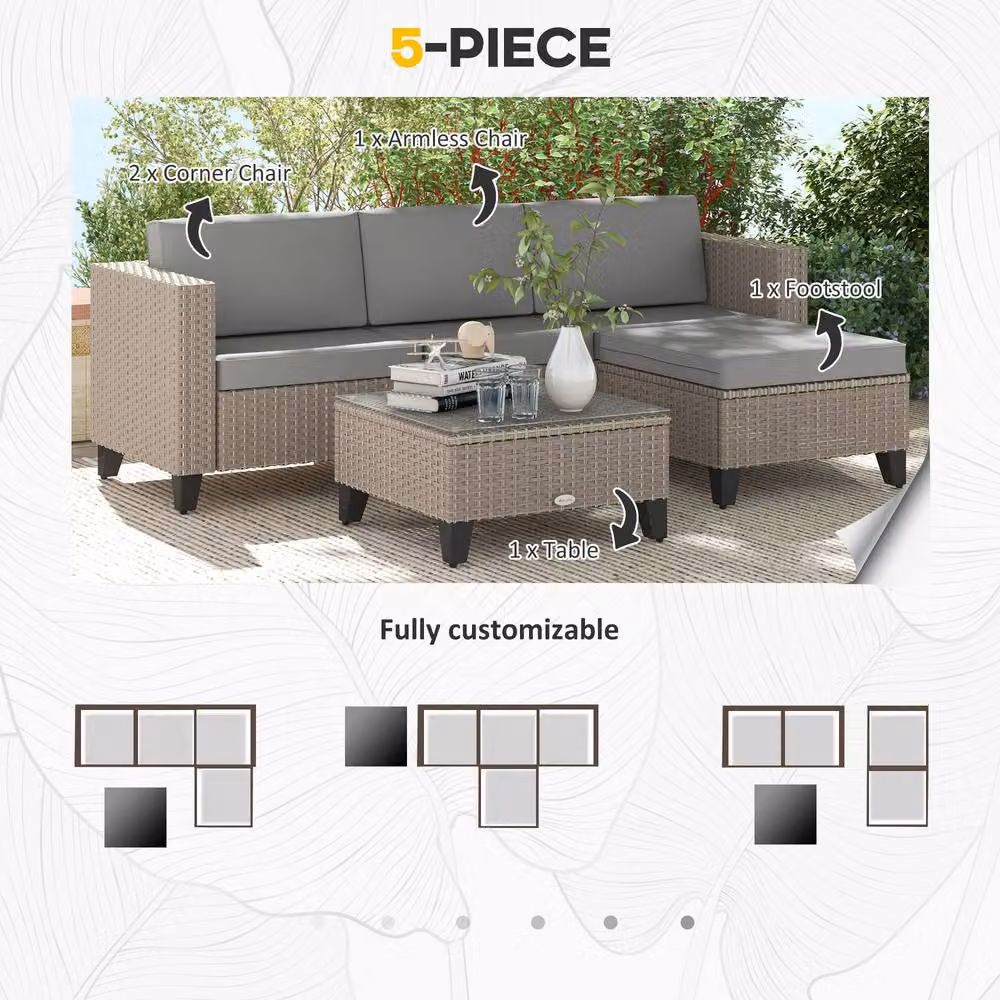 Outsunny 5-Piece L-Shape Rattan Garden Furniture Set with Ottoman and Coffee Table in Grey and Brown – 6