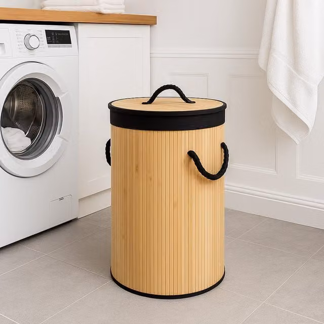 Marco Paul Collapsible Bamboo Laundry Washing Basket in Brown, Black and Beige