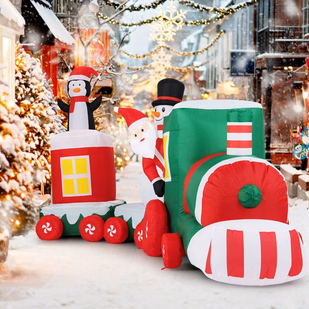 Gymax Red and Multicolour Christmas Inflatable Santa Claus Driving Train with LED Lights – 4