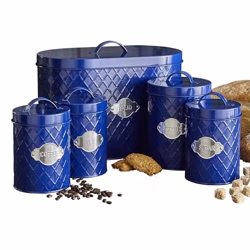 Neo 5 Piece Embossed Geometric Metal Kitchen Canister Set in Blue