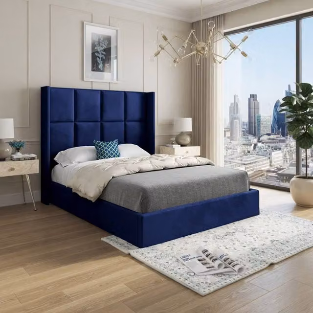 KDMD Sproatley Winged Upholstered Designer Bed Frame in Blue Velvet, Single, W/D/H: 90 x 200 cm