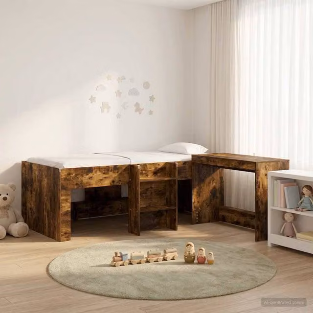 Berkfield Home Kids High Bed Frame with Desk and Stairs in Smoked Oak Brown Engineered Wood – 1