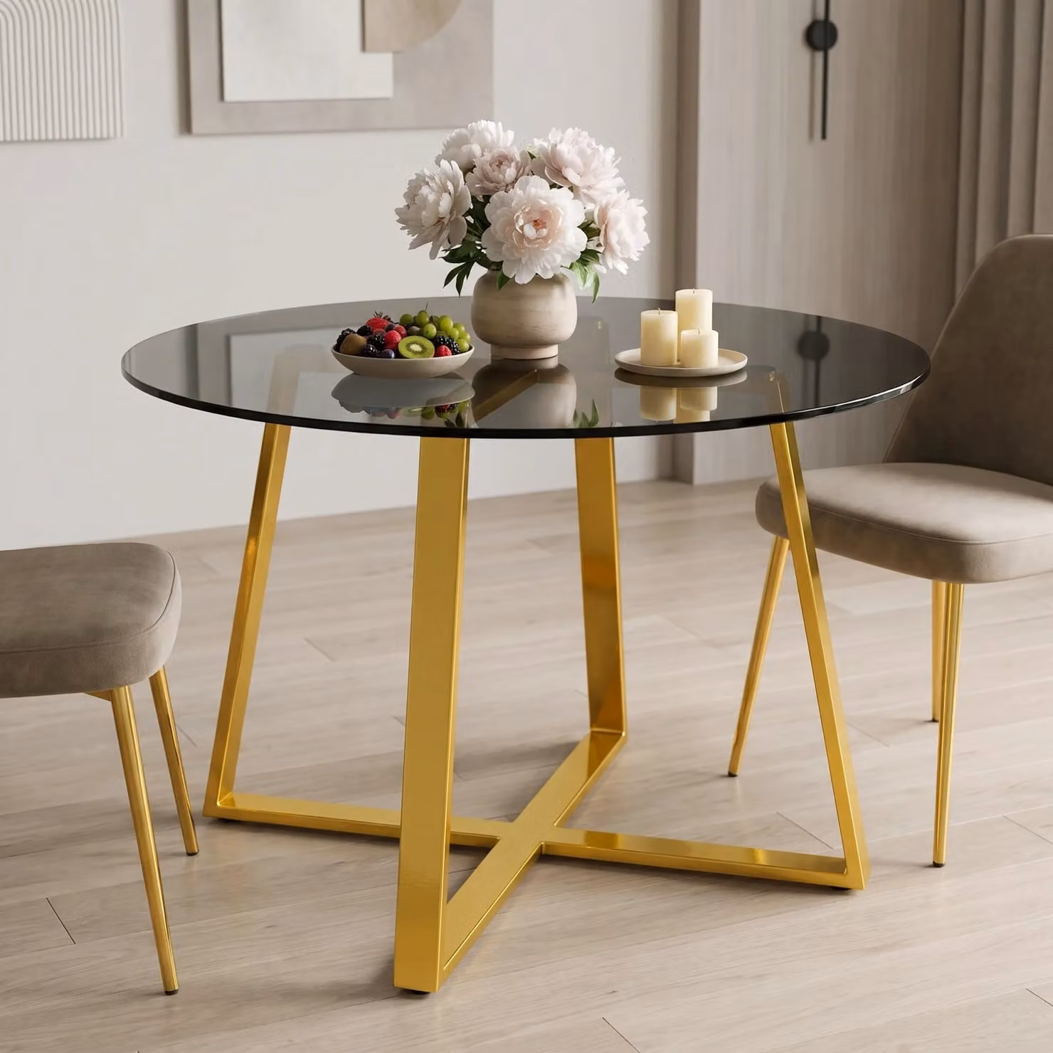 Round Transparent Glass Dining Table with Gold Metal X-Frame Legs, Diameter: 110 cm, Height: 75 cm