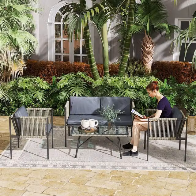 Outsunny 4 Piece Grey Rattan Garden Furniture Set for Balcony